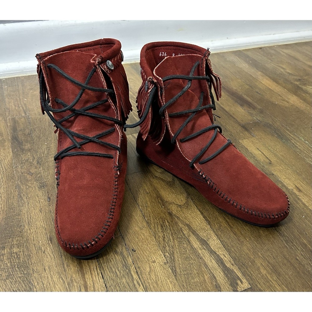 90s Minnetonka 429 Fringe ankle boots red suede leather Size 8 Moccasins